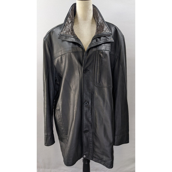 Andrew Marc Leather Coat Black Size XL Jacket Brown Contrasting Collar Pockets - Picture 1 of 9
